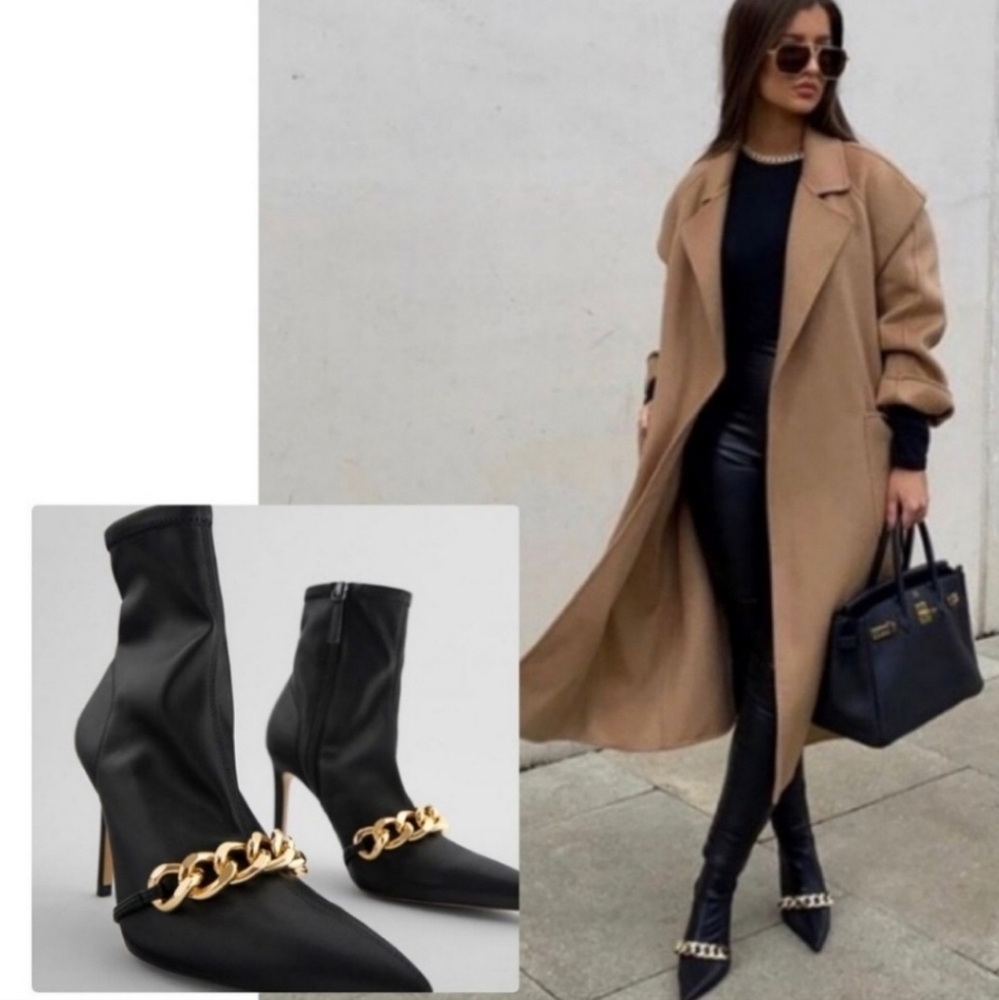 ZARA GOLD CHAIN FAUX LEATHER ANKLE BOOTS BLACK SIZEUS 9/ EU 40